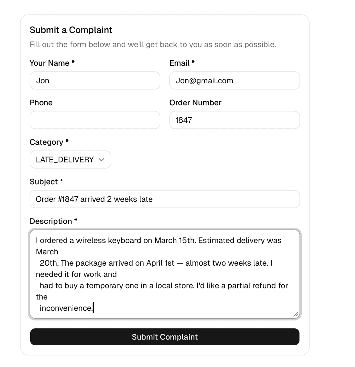 Customer complaint form